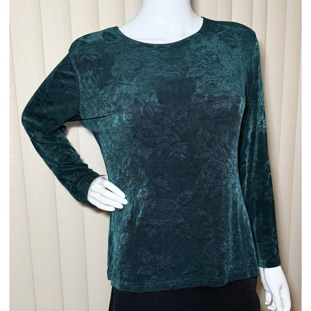 Vintage Jonden Green Floral Slinky Travel Knit Long Sleeve Top Large
